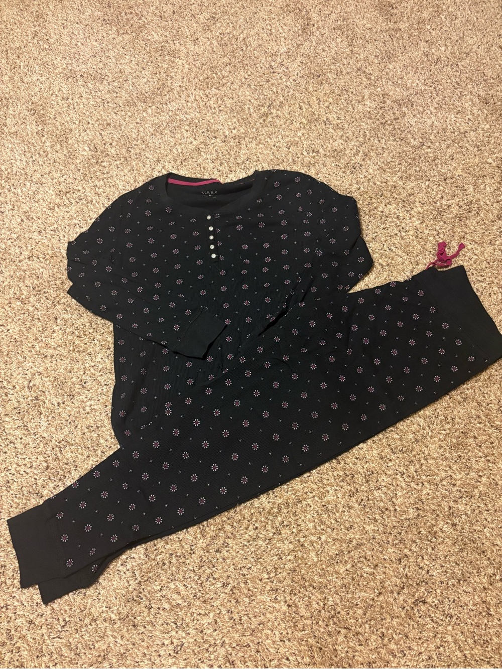 Serra Black Long Sleeve Waffle Knit Cotton Blend Pajama Set Pink Dot Pattern